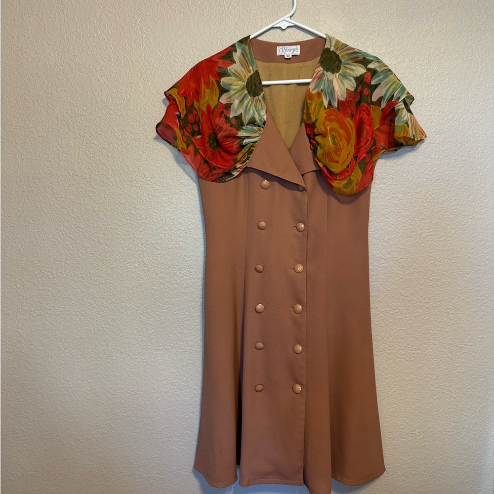 Virgo Tan Brown A-Line Midi Dress with Dolman Sleeves